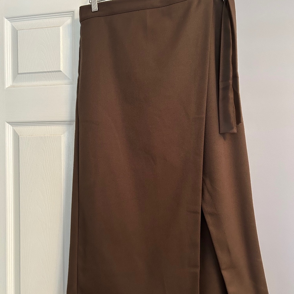 Chic and minimalist mid-calf brown wrap skirt from Oak + Fort